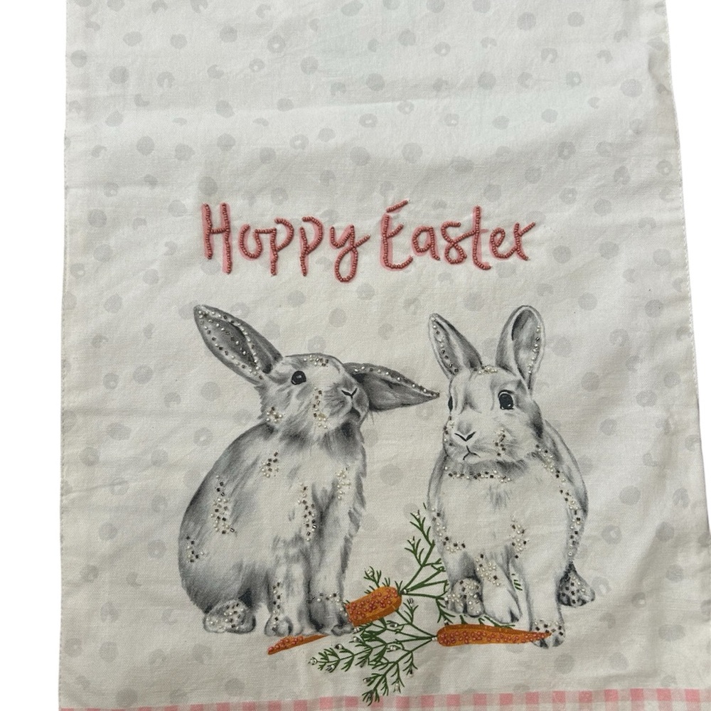 Happy Easter Bunny table Runner - White with Gray Bunnies & Orange Carrots